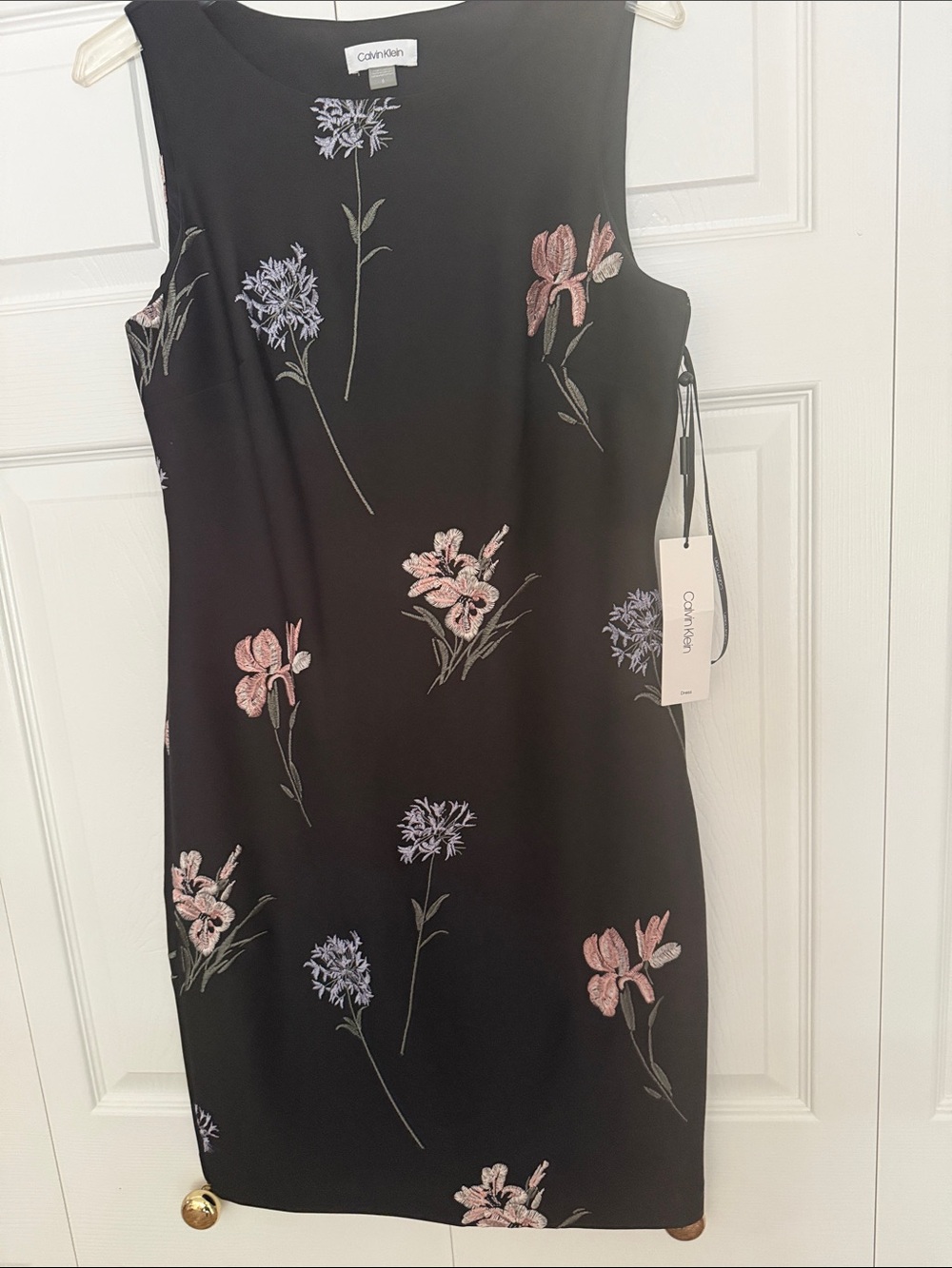 Calvin Klein Black Midi Dress with Pink and Lavender Floral Embroidery size 6
